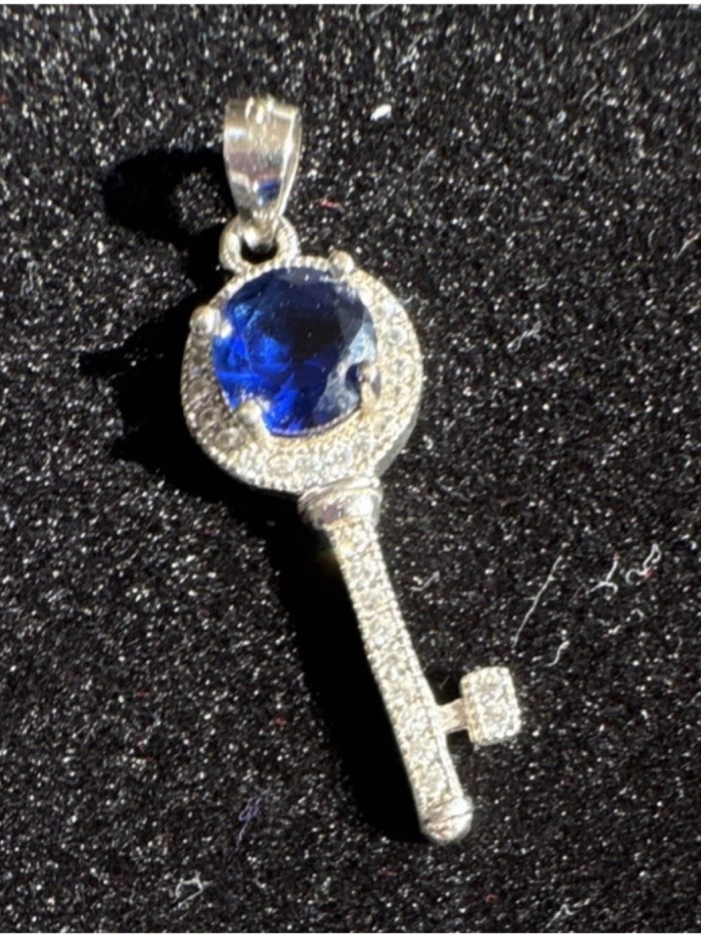 Sterling Silver 925 Key Pendant Necklace with Deep Blue CZ Gem